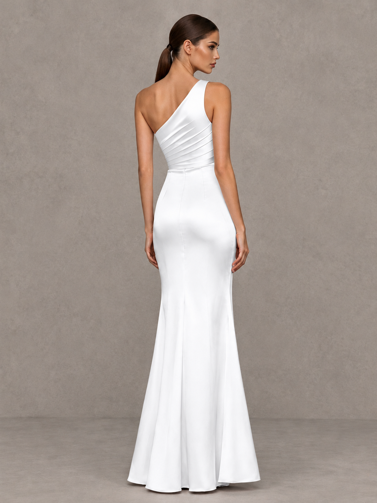 BOLODOO White One-Shoulder Ruched Satin-Look Evening Gown with High Slit - White - White_2