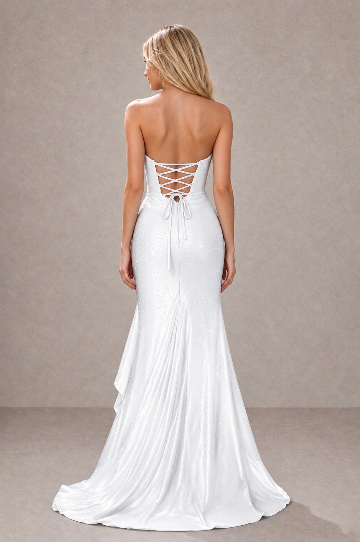 BOLODOO White Strapless Corset Mermaid Prom Dress with Ruffle Slit - White - White_2