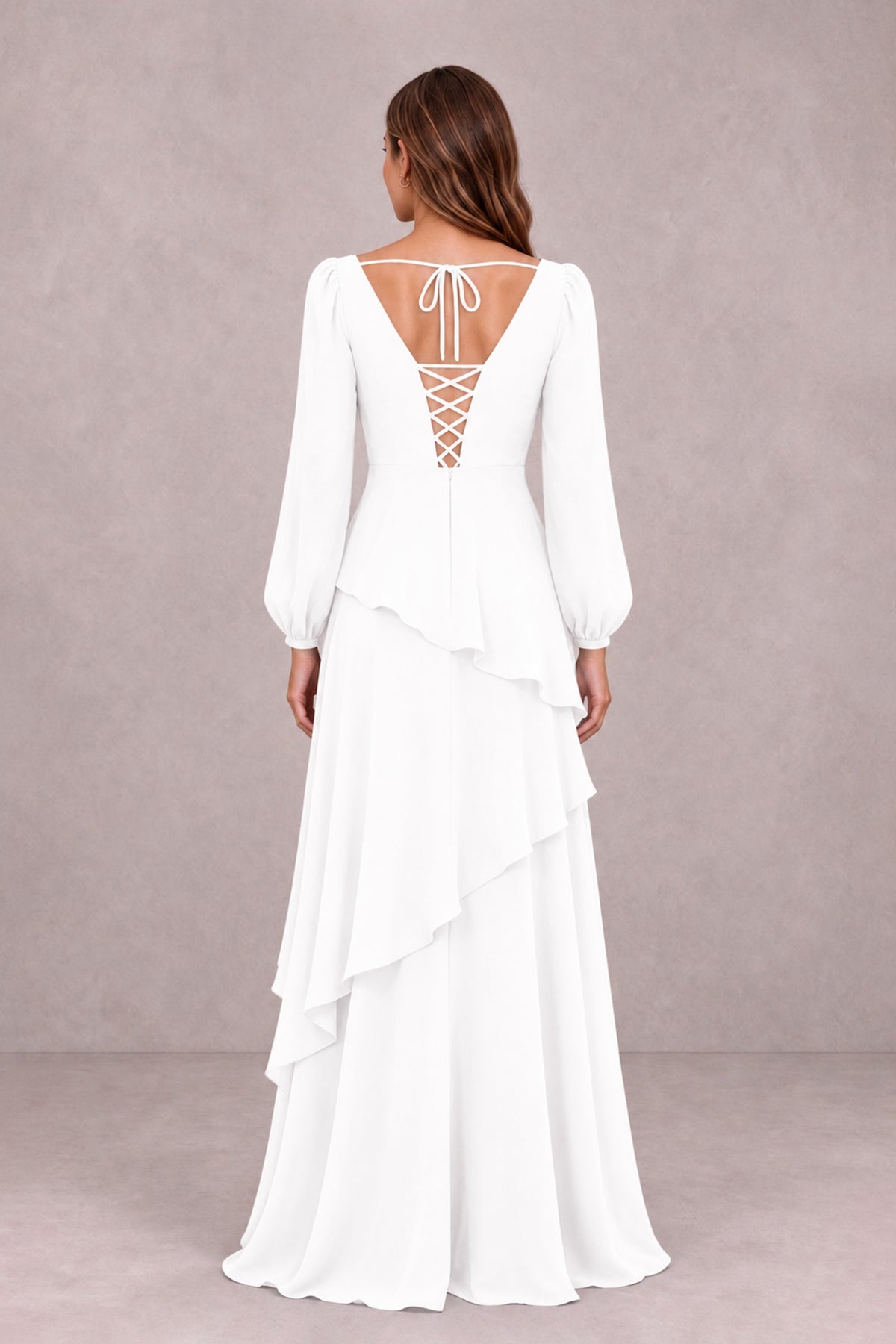 BOLODOO White Long Sleeve Ruffle Bridesmaid Dresses - White - White_2