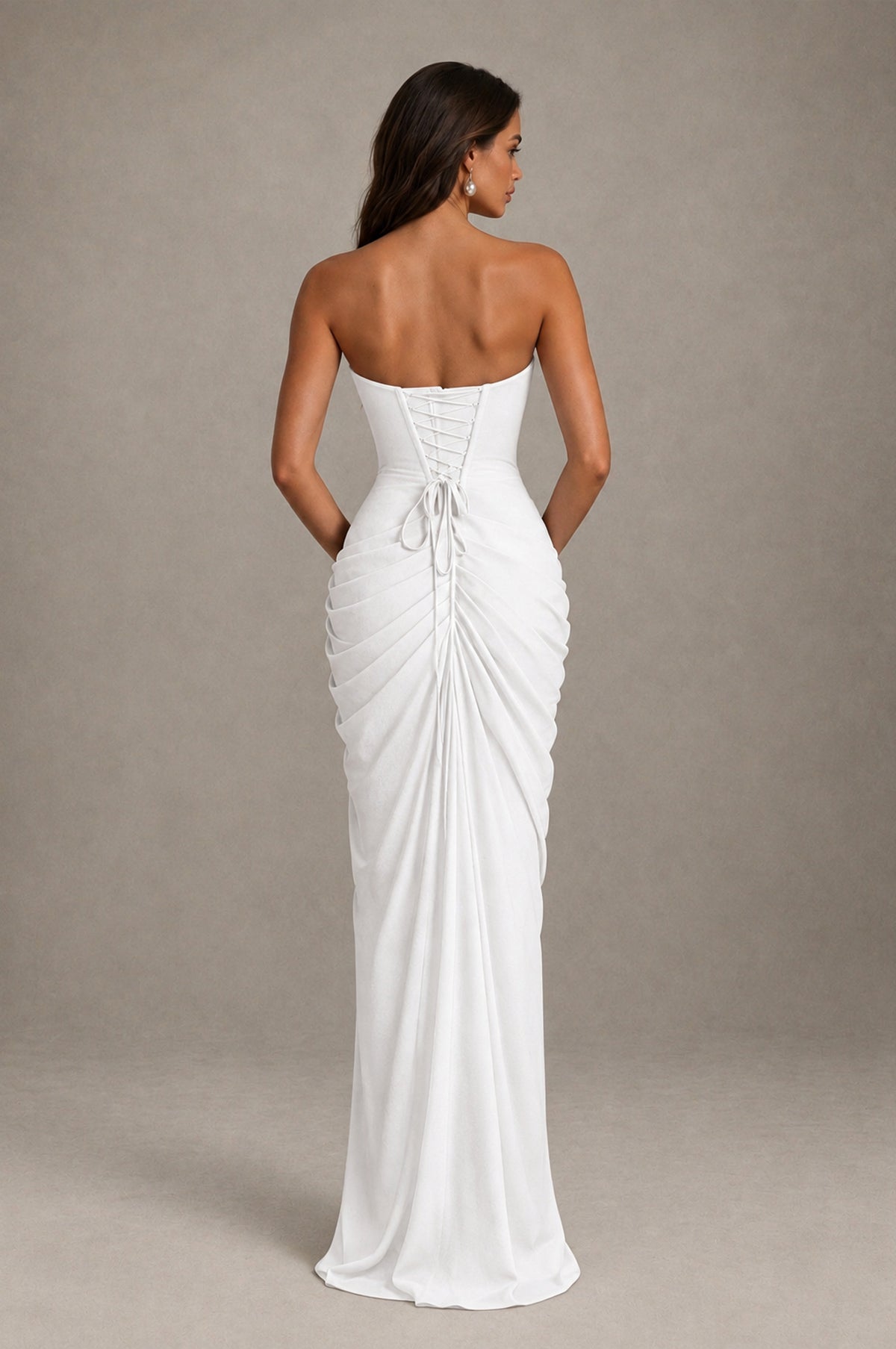 BOLODOO Strapless Draped Maxi Dress - White Backless Evening Gown with High Slit - White - White_2