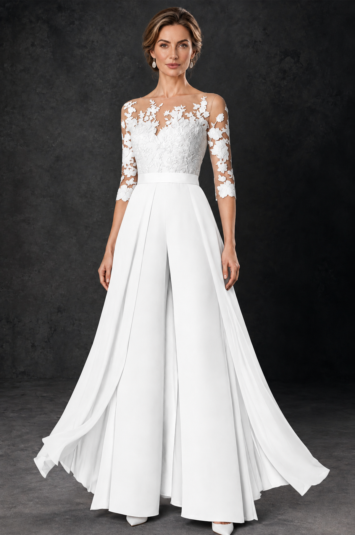 BOLODOO White Lace Wide-Leg Jumpsuit with Three-Quarter Sleeves - White - White_2