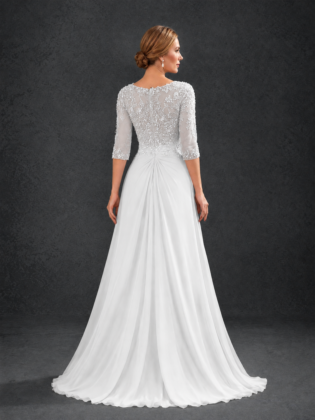 BOLODOO White Sweetheart Neck 3/4 Sleeve Floral Lace Illusion Bodice Chiffon A-Line Gown - White