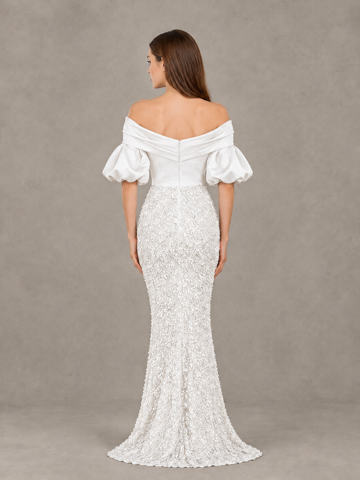 BOLODOO White Off-Shoulder Puff Sleeve Sequin Mermaid Evening Dress - White - White_2