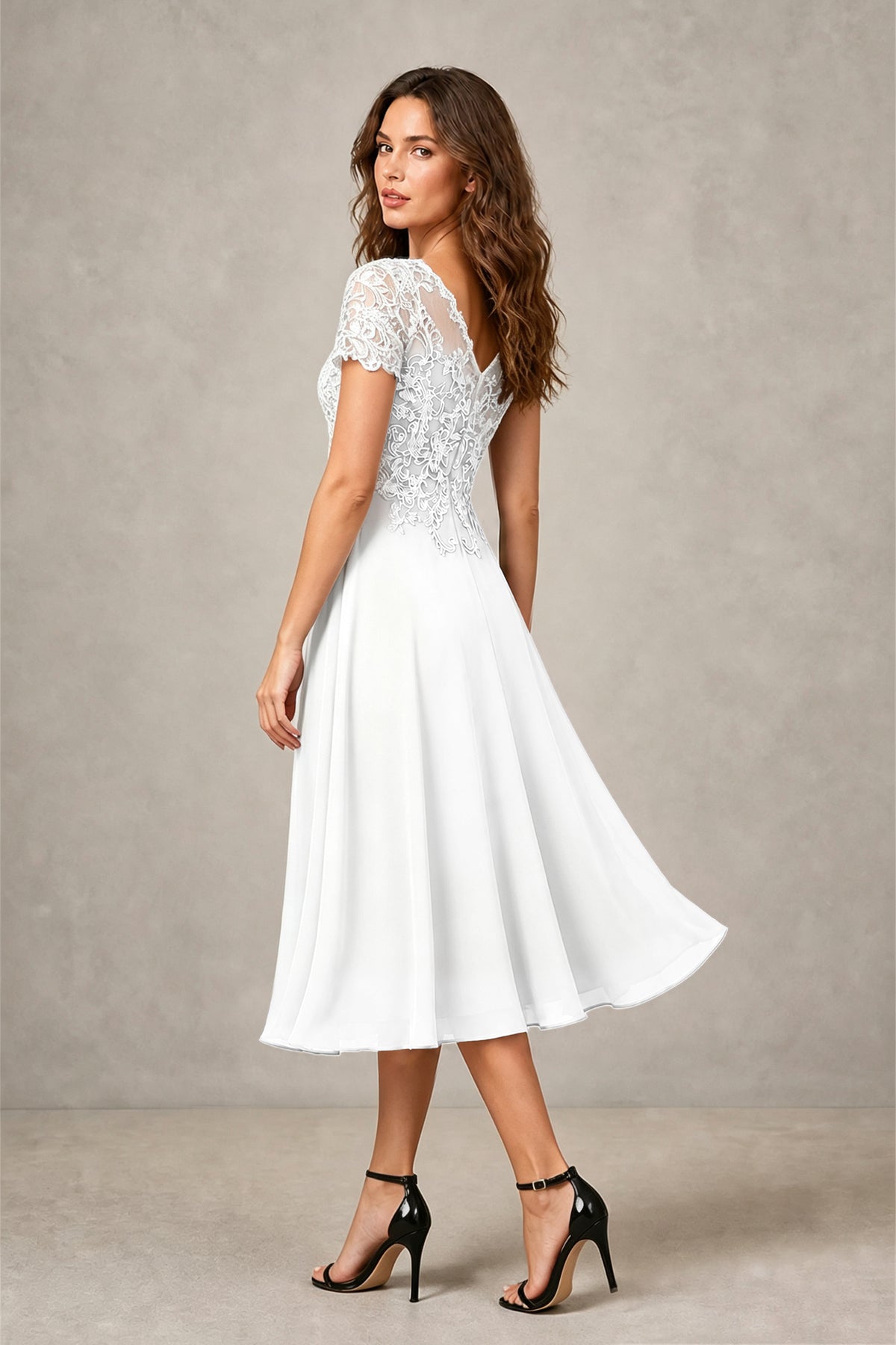BOLODOO Steel White Beaded Lace Illusion Bodice Chiffon Tea-Length Dress | Mother of the Bride & Cocktail Party - White