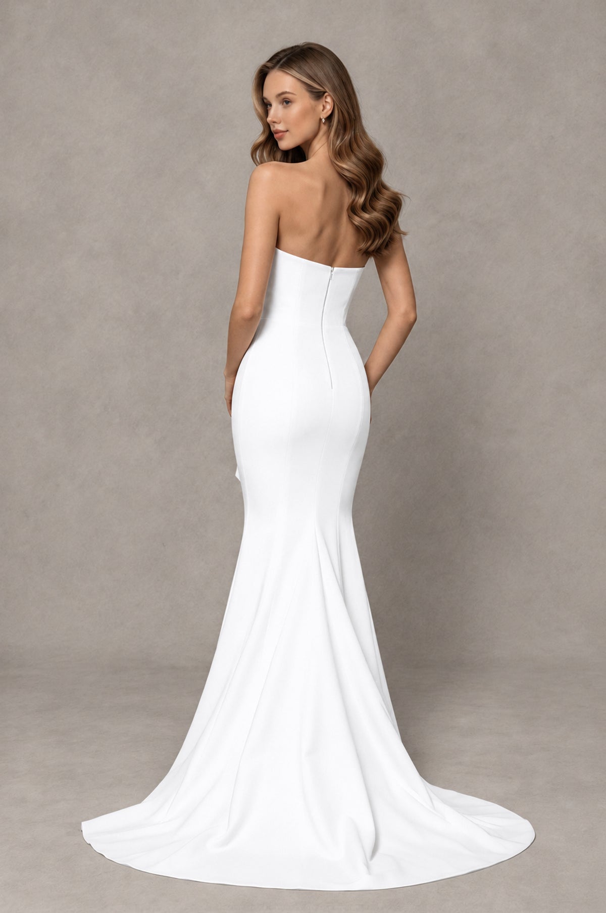 BOLODOO White Strapless Mermaid Evening Dress with Ruffle Slit and Train - White - White_2