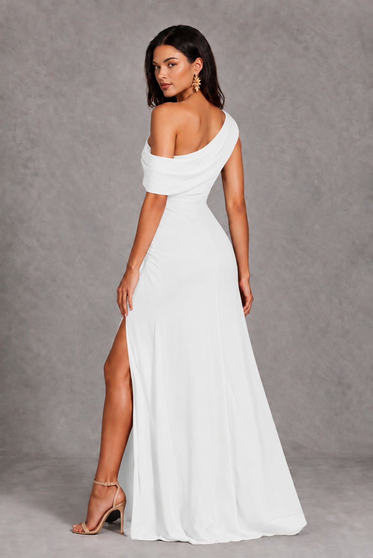 White One-Shoulder Floor-Length Evening Gown with High Slit - White
