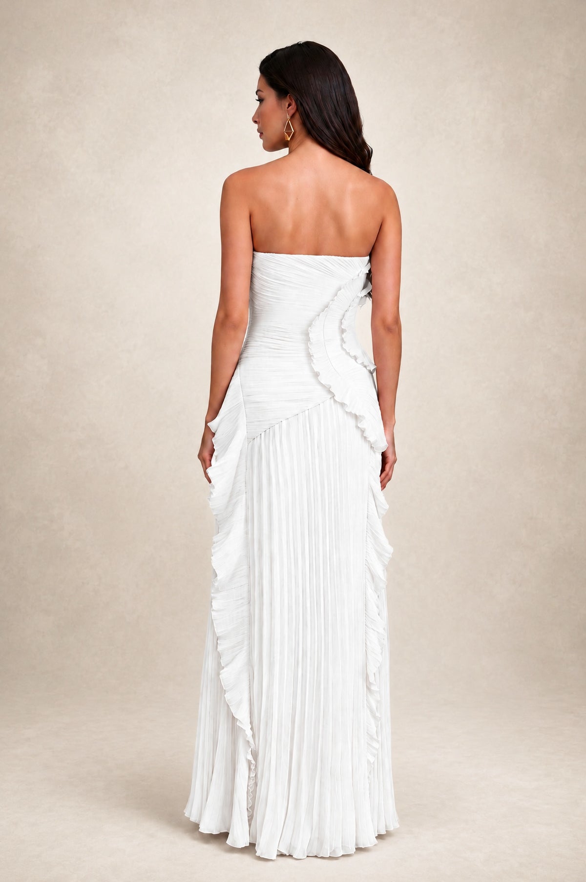 BOLODOO White Strapless Ruffle Pleated Slit Evening Gown - White - White_2