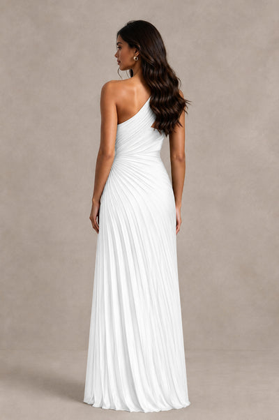 BOLODOO White One Shoulder Pleated Evening Dress with Ruched Waist and High Slit - White - White_2