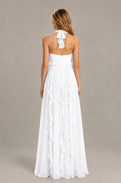 BOLODOO White Halter Ruffle A-Line Floor-Length Evening Dress - White - White_2