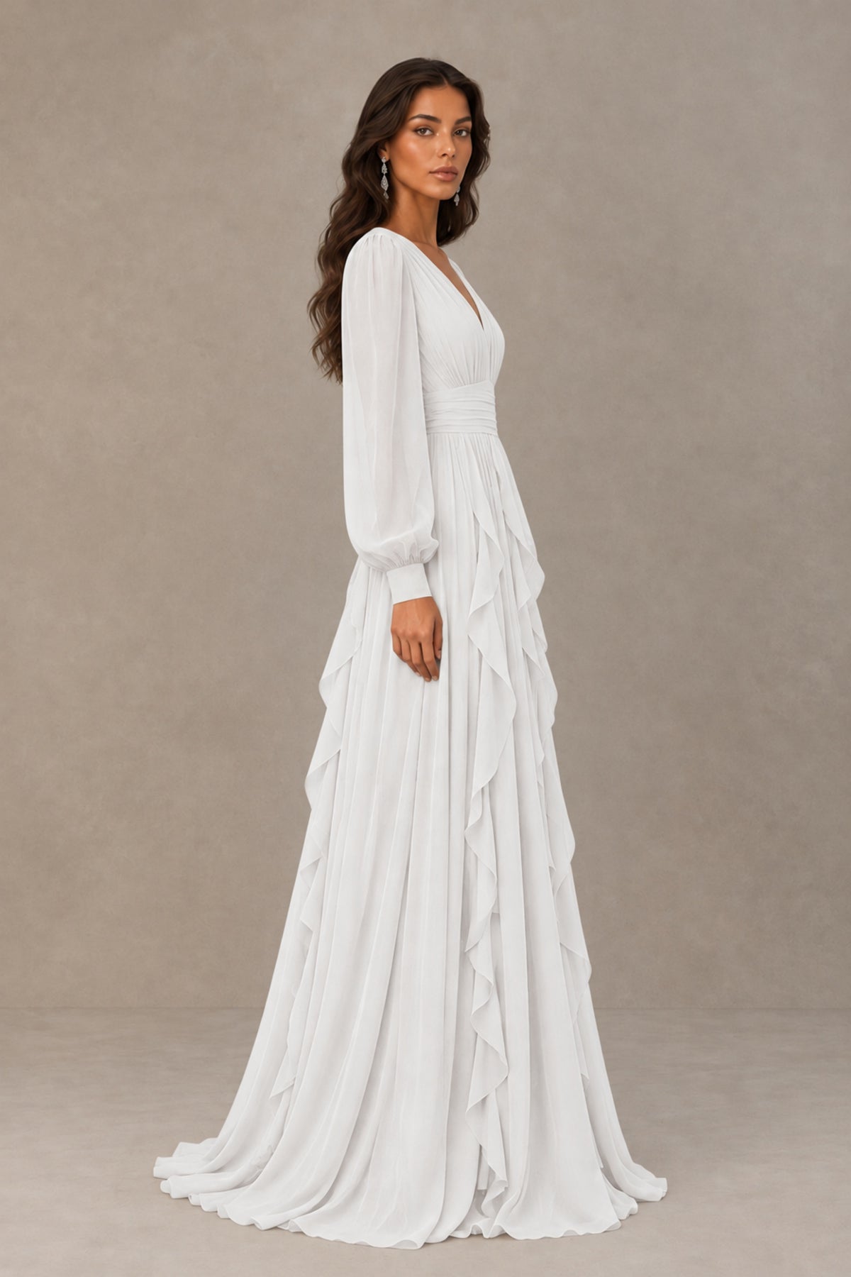 BOLODOO White Long Sleeve V-Neck Ruffle Maxi Dress - White