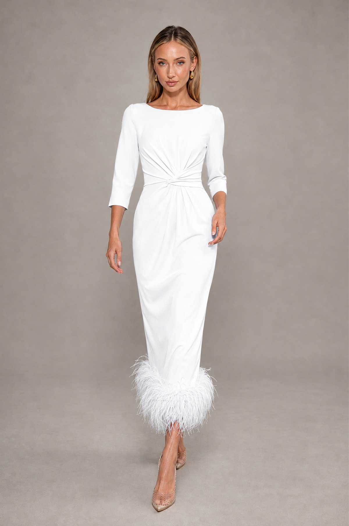 BOLODOO White Feather-Trim Twist-Waist Midi Dress - White - White_3