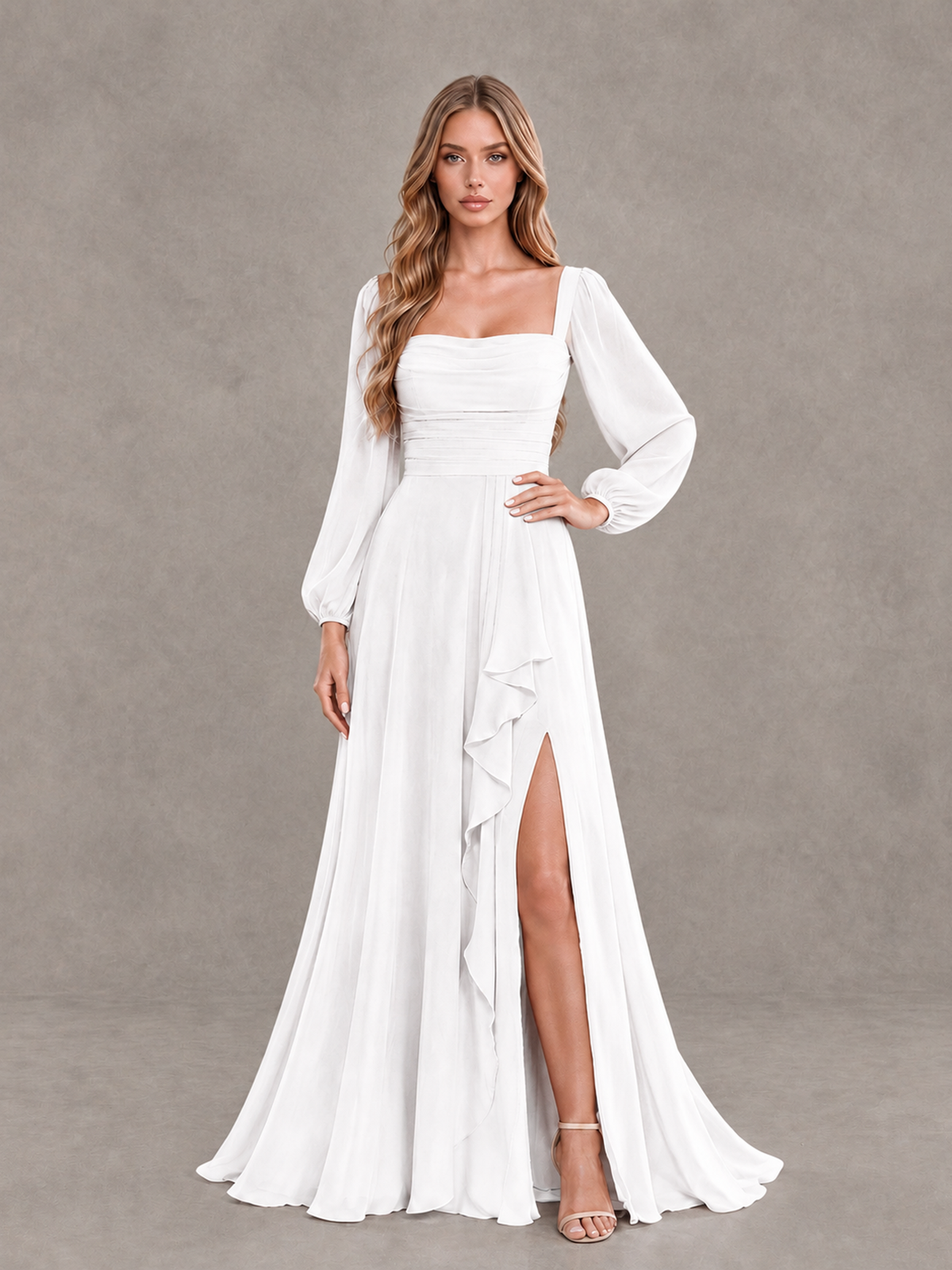 BOLODOO White Square Neck Long Sleeve Bridesmaid Dress with Ruffle Slit - White - White_3