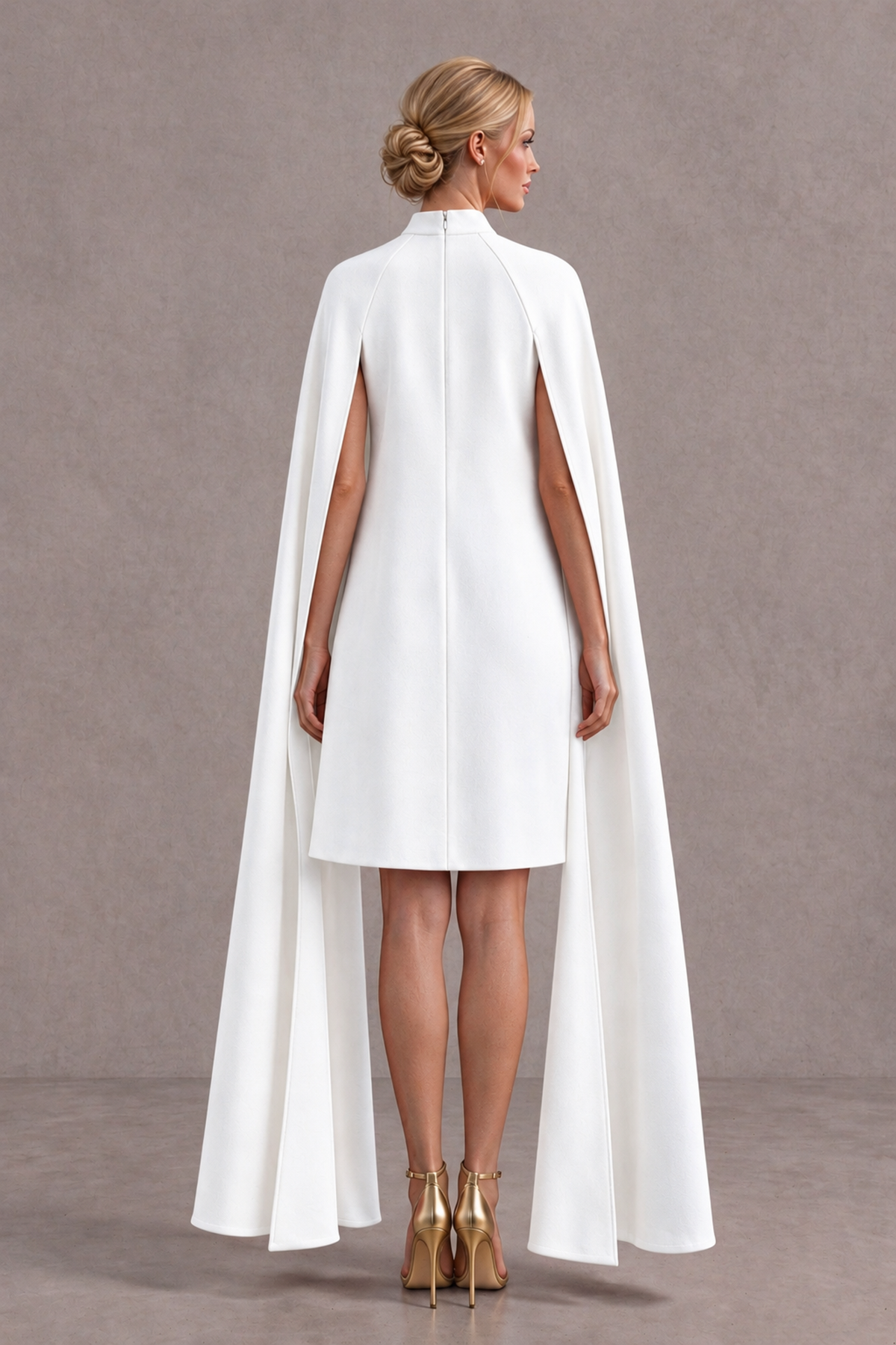 BOLODOO White High Neck Floral Cape Mini Cocktail Dress - White - White_3