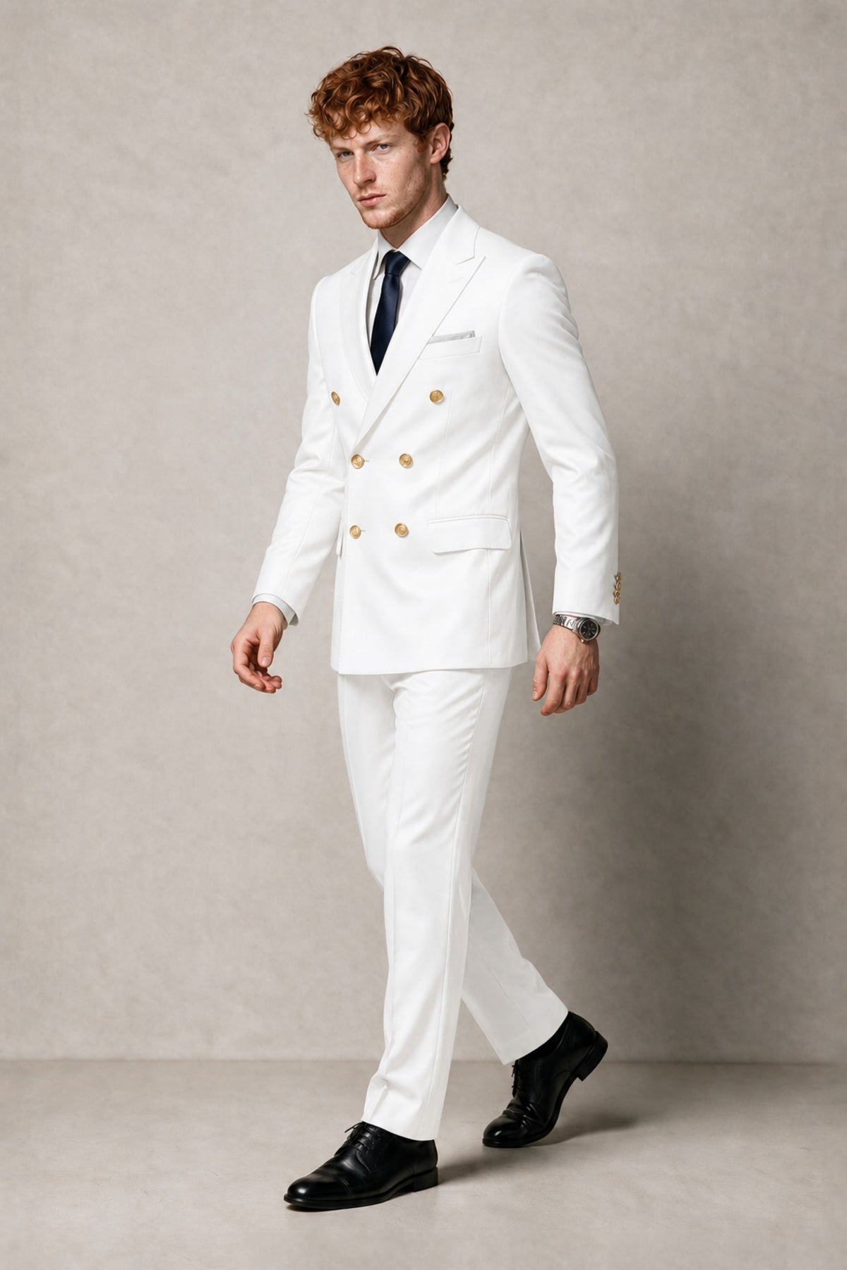 BOLODOO Men's White Double-Breasted 2-Piece Suit | White Button Peak Lapel Blazer & Trousers - White