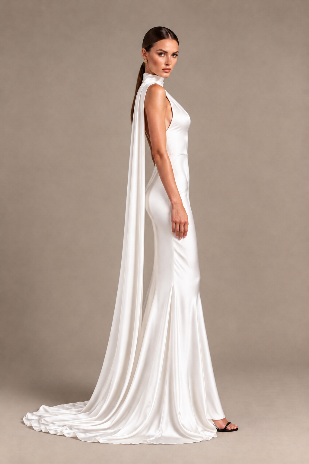 BOLODOO White One-Shoulder Satin Mermaid Evening Dress with Scarf - White - White_3