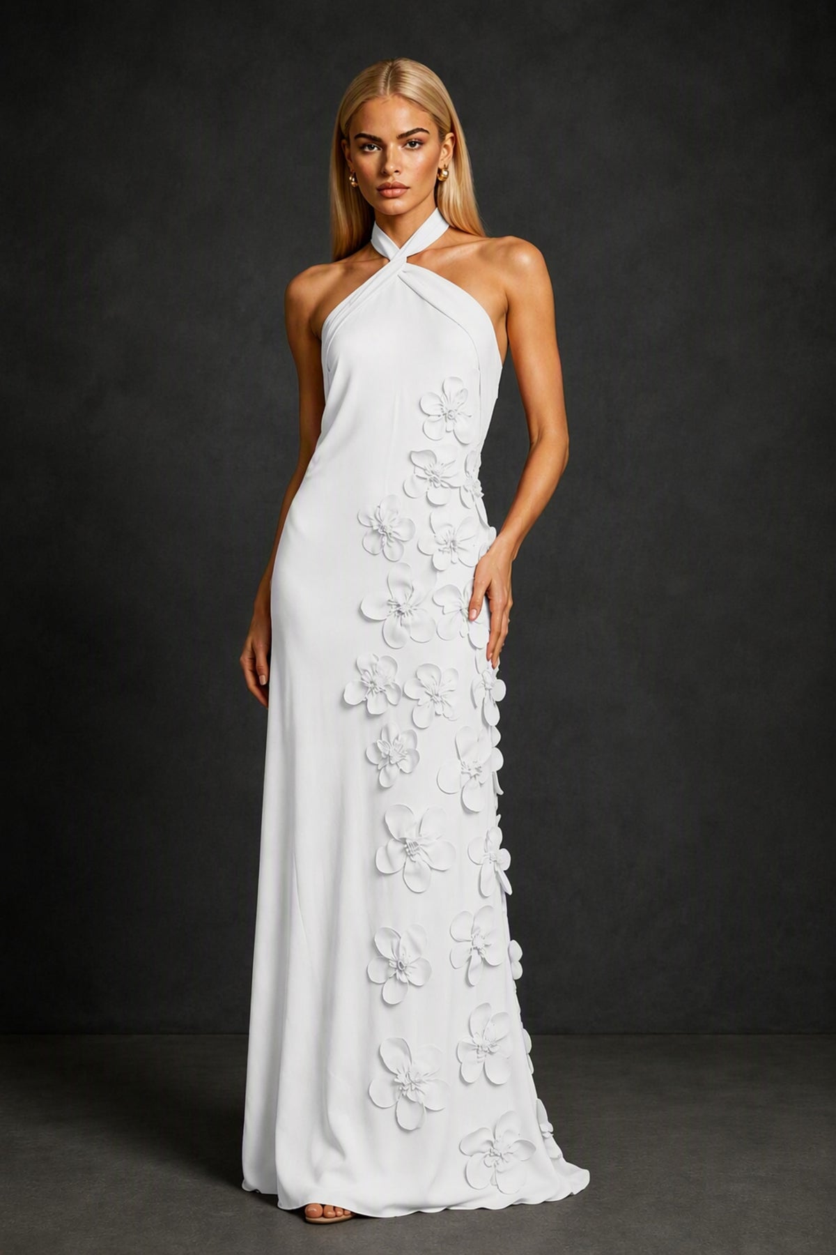 BOLODOO White Cross Halter Neck 3D Floral Appliqué Backless Mermaid Maxi Gown - White