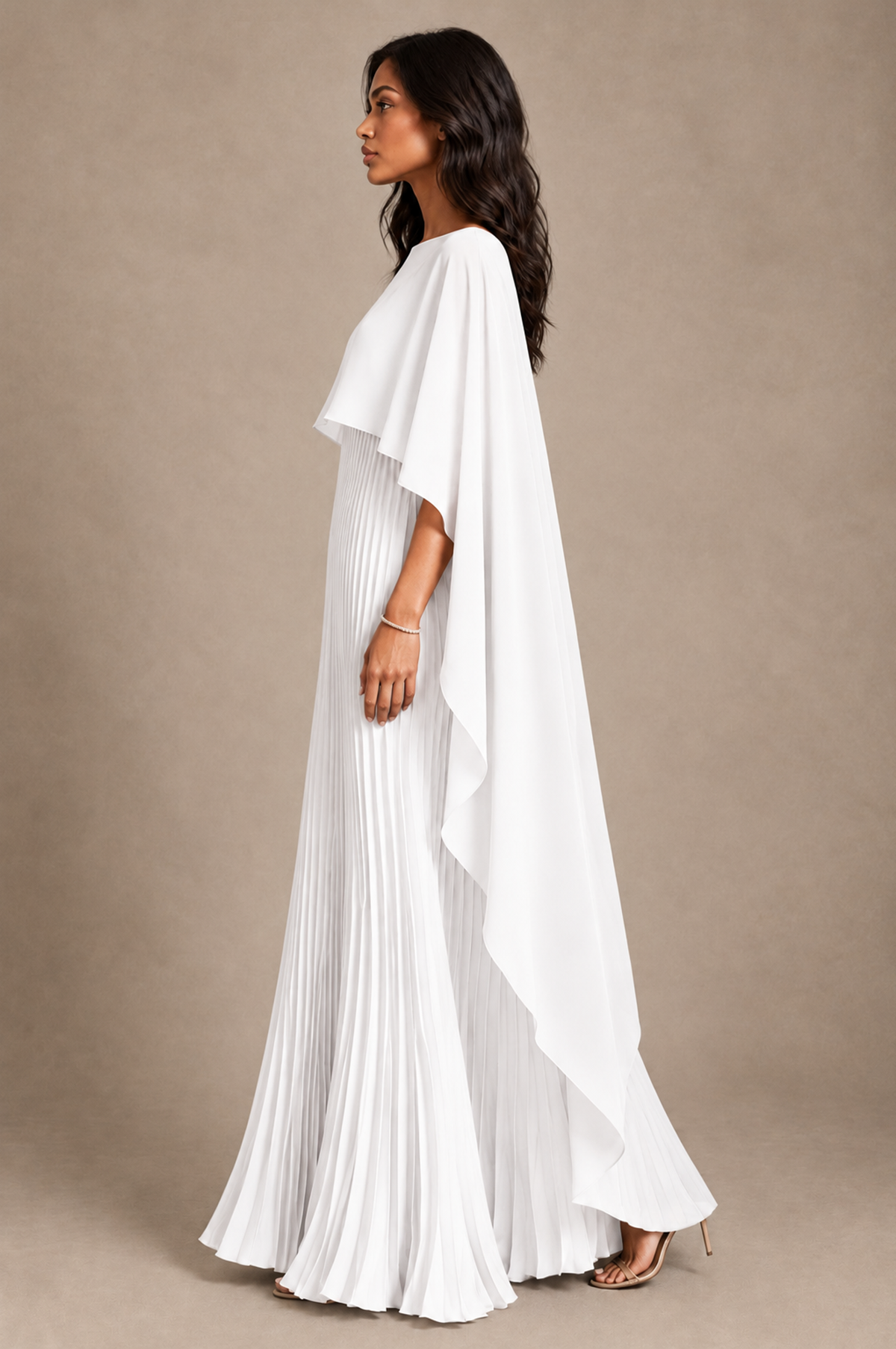 BOLODOO White Pleated Cape A-Line Evening Dress - White - White_3