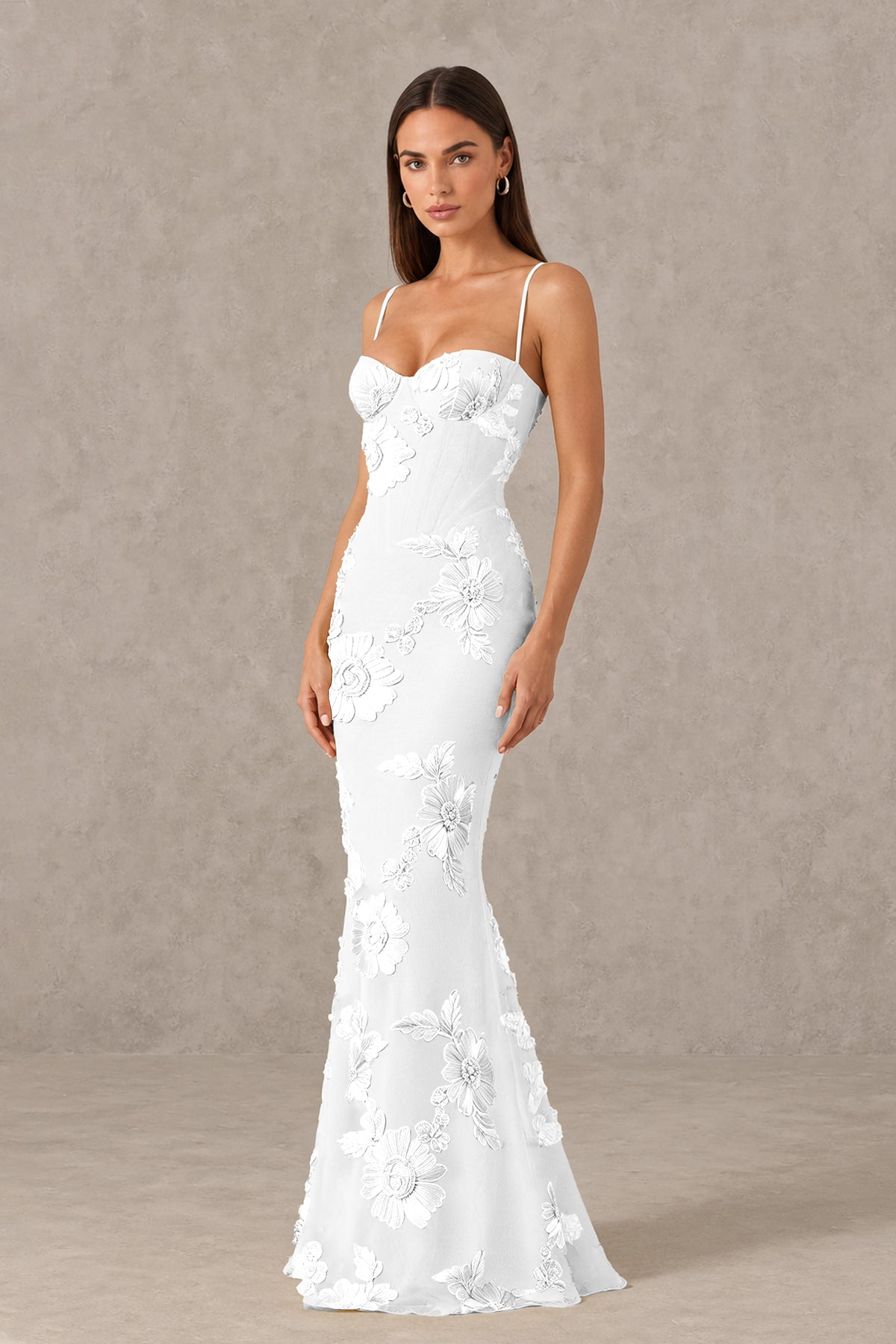 BOLODOO White Floral Lace-Up Back Mermaid Maxi Dress - White