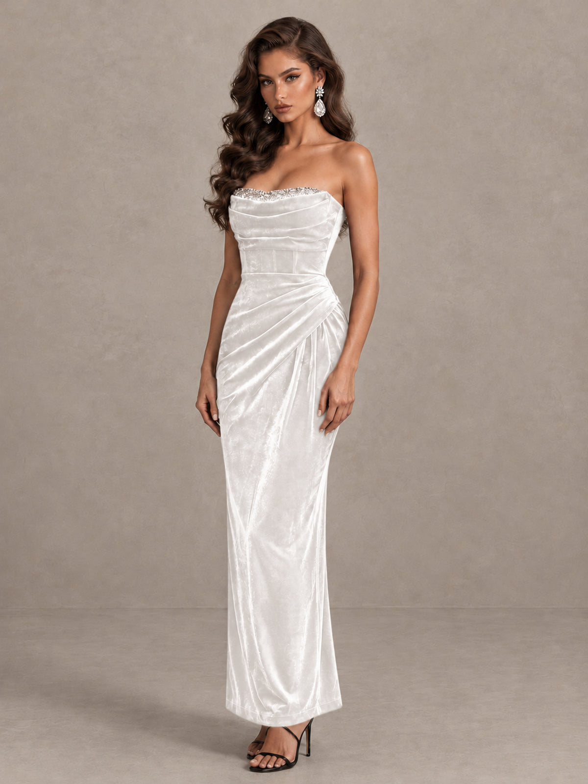 BOLODOO White Strapless Velvet Cocktail Maxi Dress - White - White_3