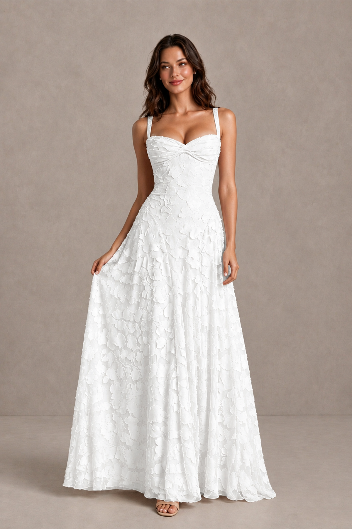 BOLODOO White Floral-Textured A-Line Dress with Lace-Up Back - White - White_3
