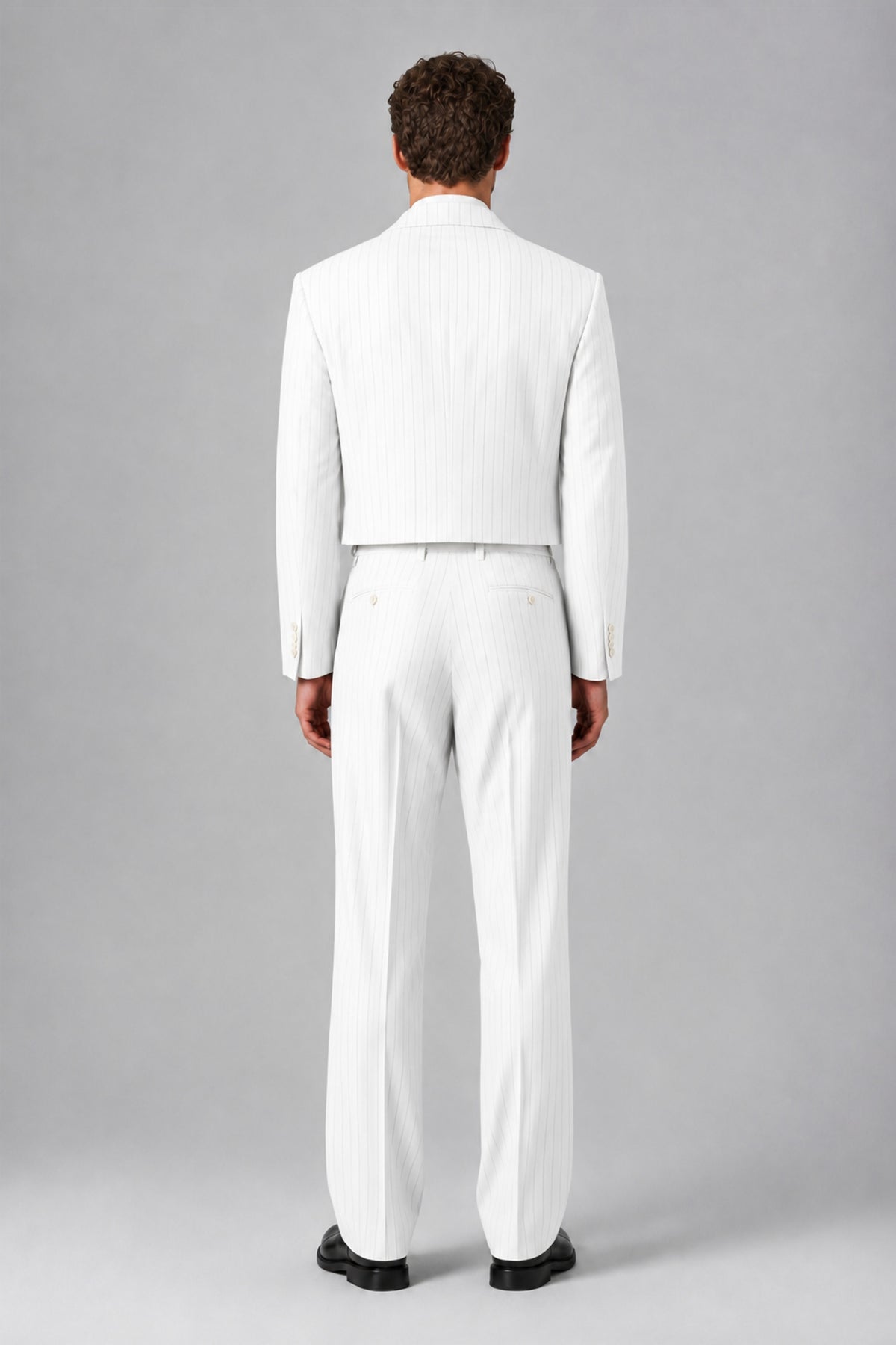 Bolodoo Men's White Pinstripe Two-Piece Suit with Cropped Blazer & Wide-Leg Trousers - White - White_3