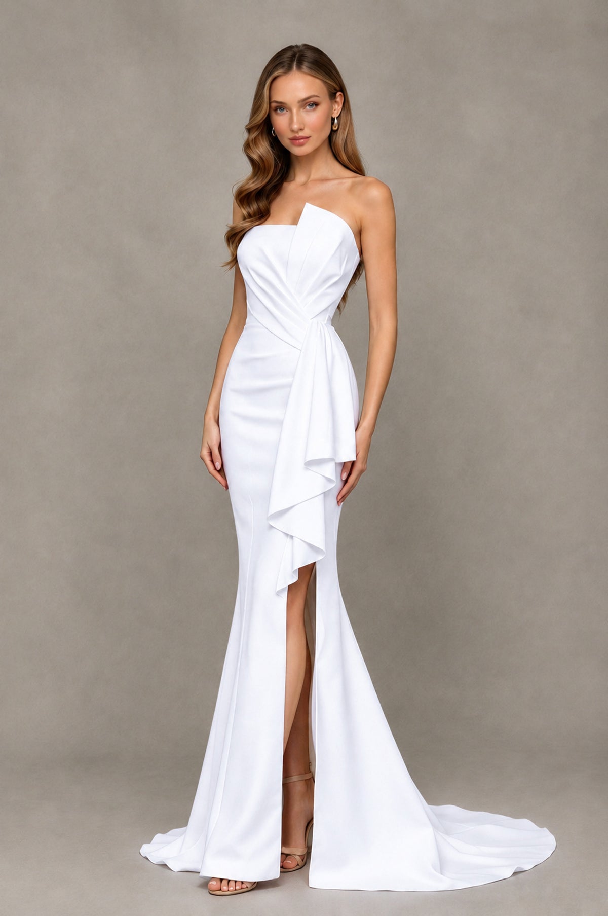 BOLODOO White Strapless Mermaid Evening Dress with Ruffle Slit and Train - White - White_3