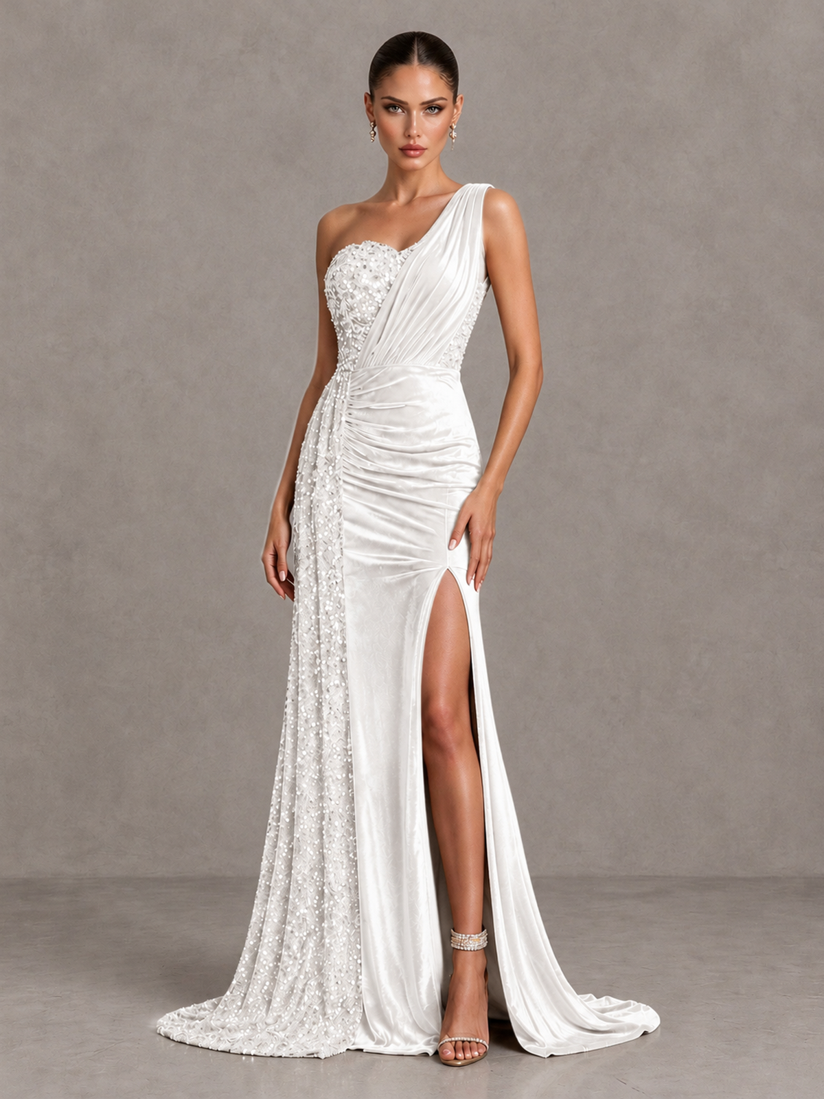 BOLODOO White One-Shoulder Satin Sequin Gown with High Slit - White - White_3