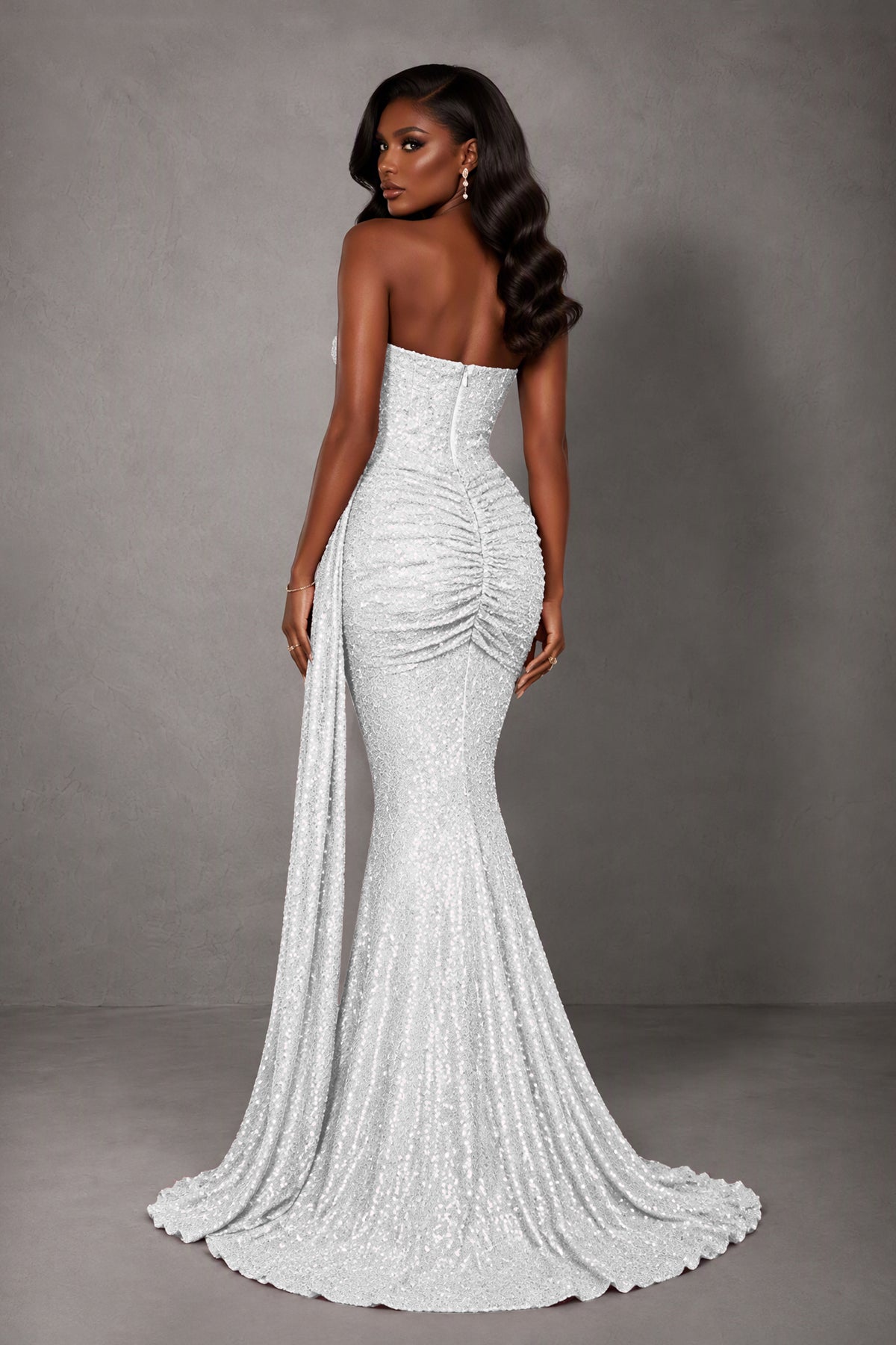 BOLODOO White Sequin Strapless Corset Mermaid Evening Gown with Train - White