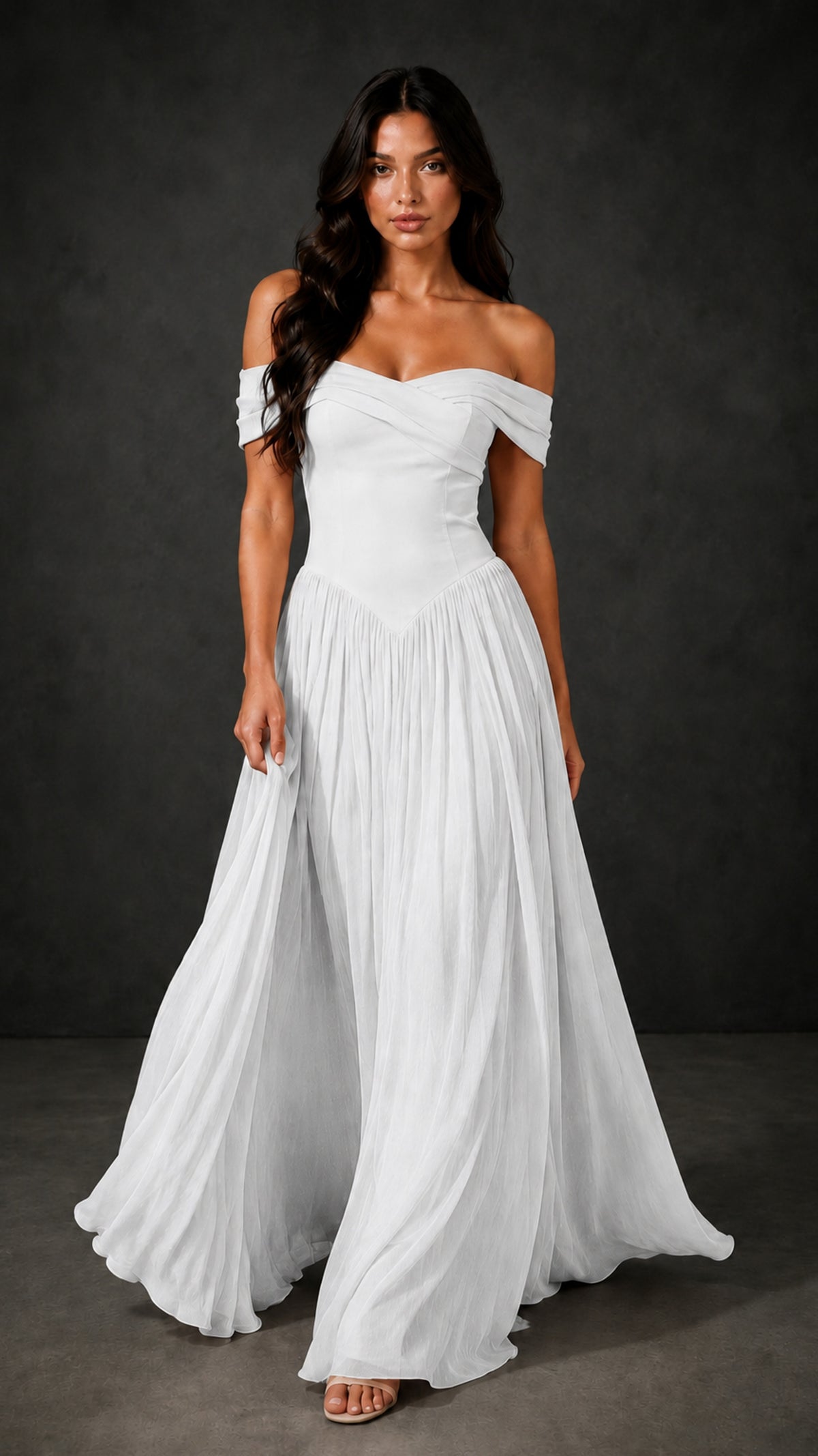 BOLODOO White Off-Shoulder Sweetheart Corset Pleated Chiffon Maxi Dress - White