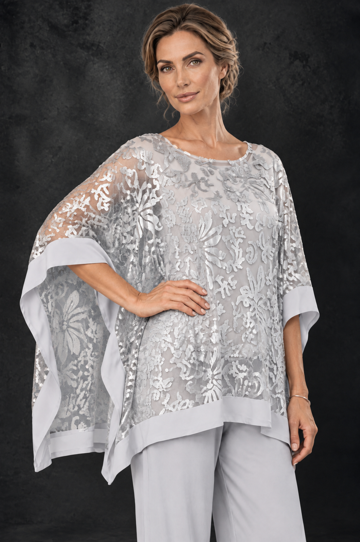 BOLODOO White Floral Cape Mother of the Bride Pant Suit - White - White_3