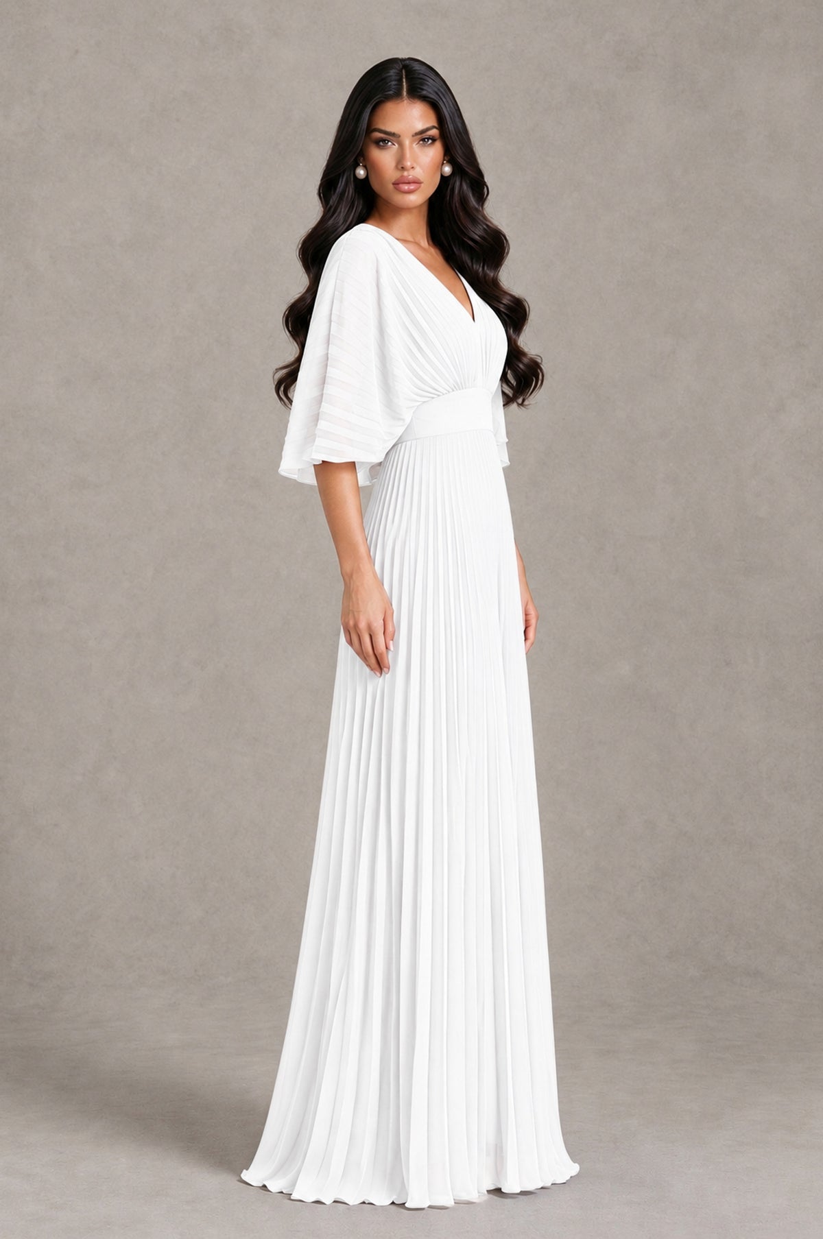 BOLODOO White V-Neck Pleated Flutter Sleeve Formal Dress - White - White_3