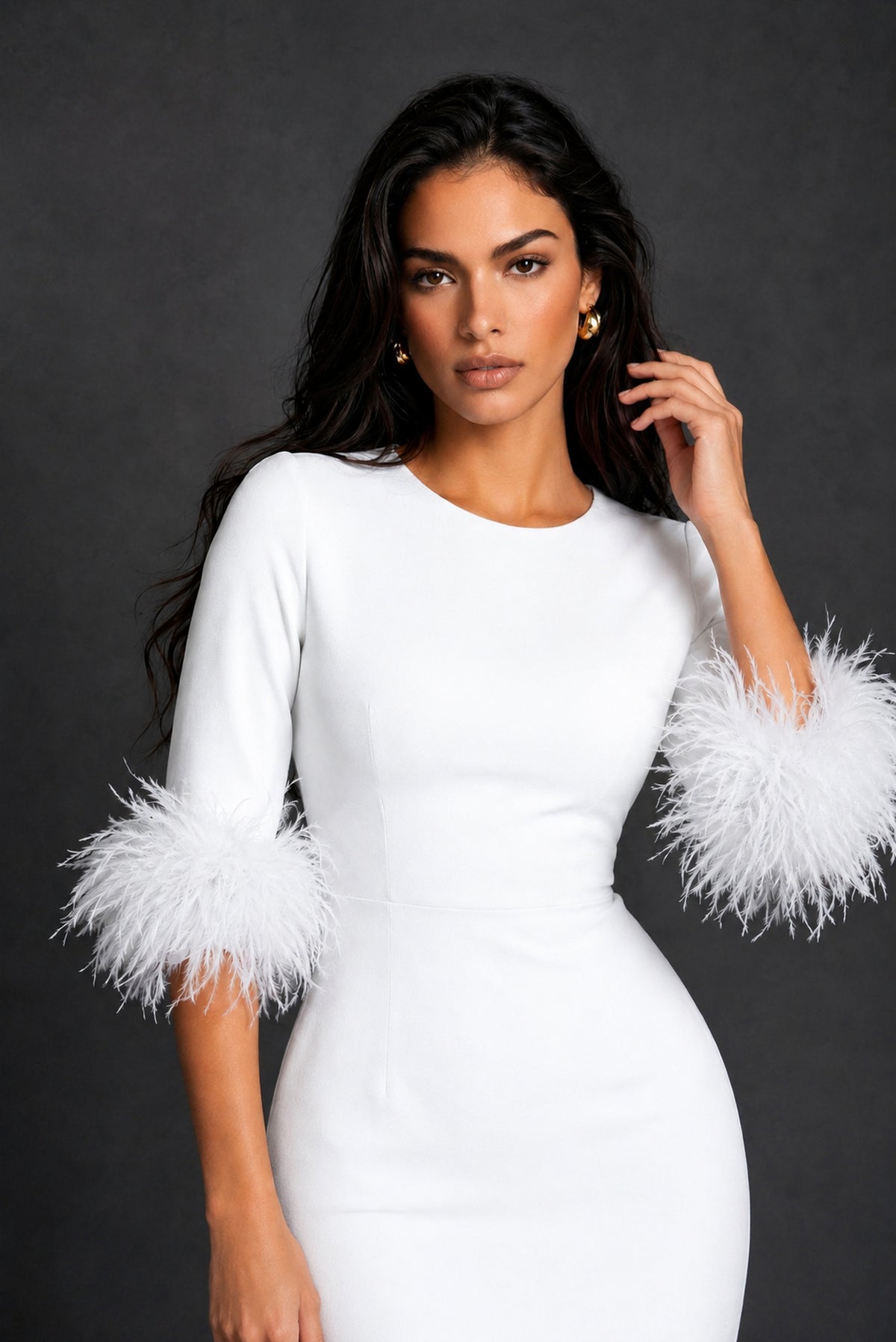 BOLODOO White Ostrich Feather Cuff 3/4 Sleeve Round Neck Bodycon Midi Dress with Back Slit - White