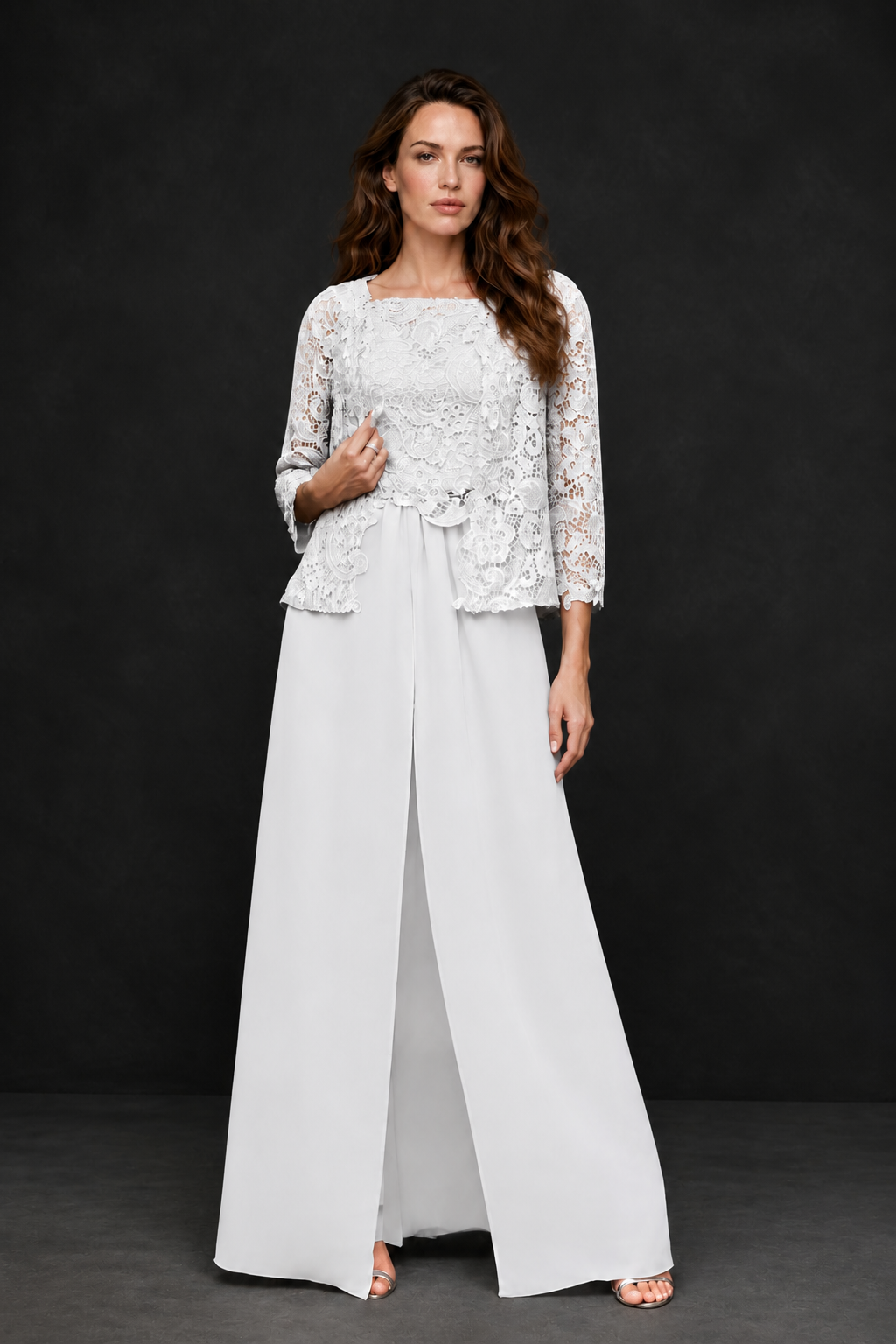 BOLODOO White Grey Lace Peplum Top & Wide-Leg Chiffon Pants Set | Mother of the Bride & Formal Evening Outfit - White