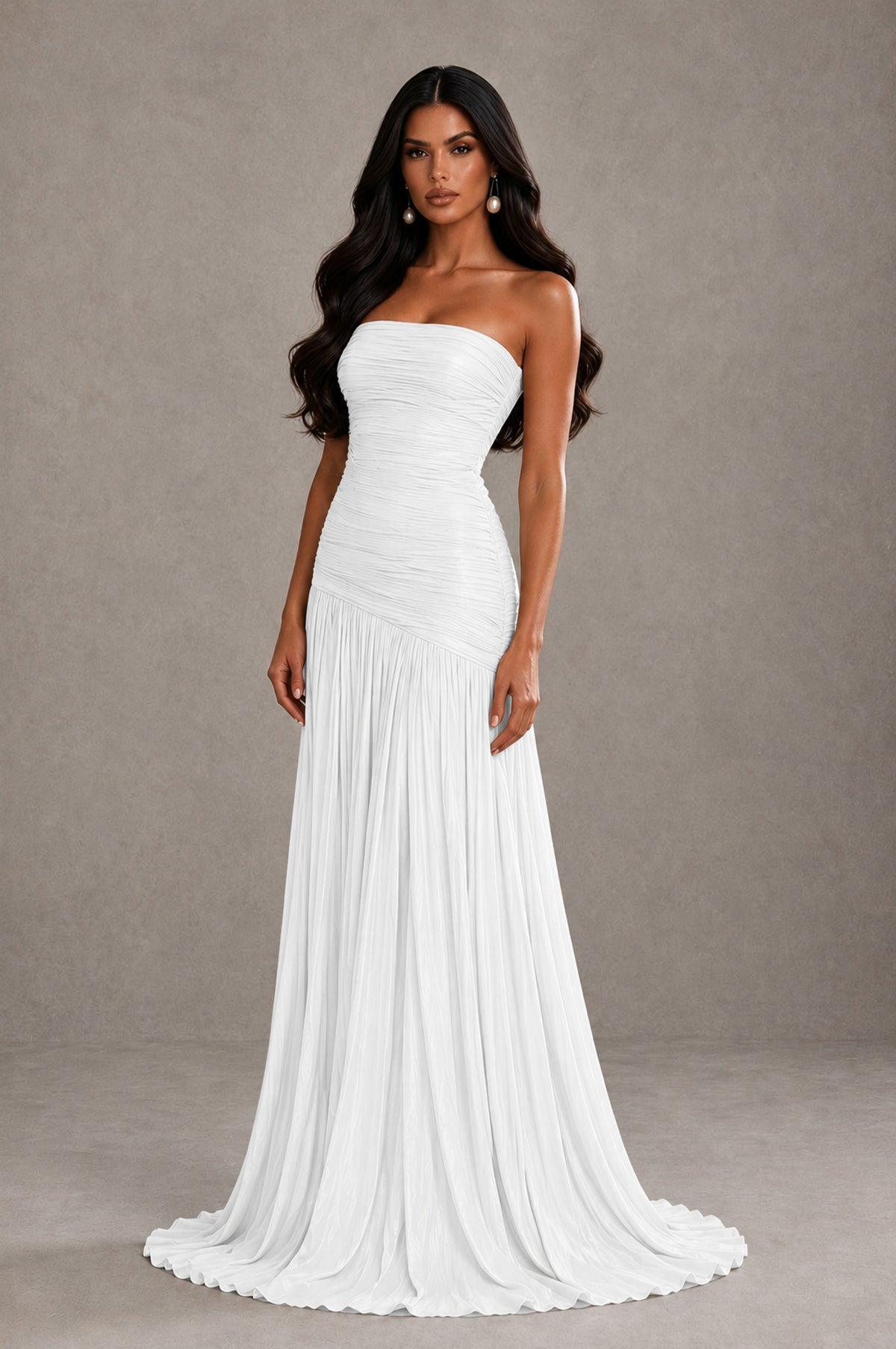 BOLODOO White Metallic Ruched Strapless Pleated A-Line Backless Maxi Dress with Train - White - White_3