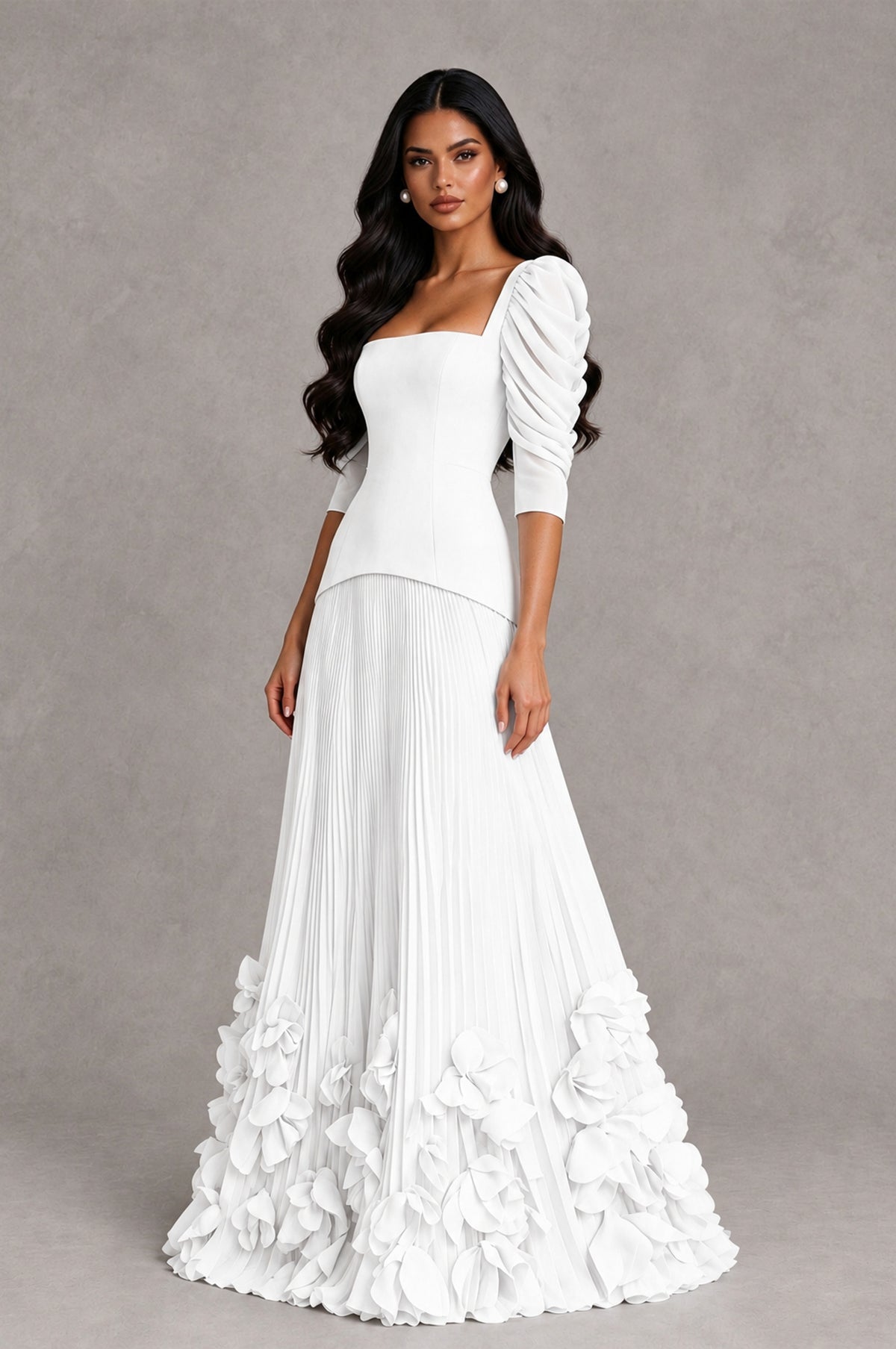 BOLODOO White Square Neck Pleated Floral Applique Evening Dress - White - White_3