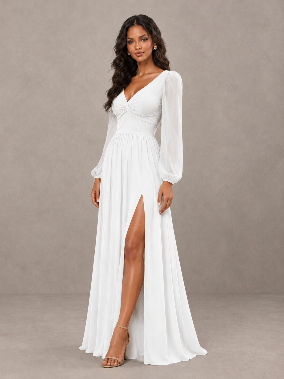 BOLODOO White V-Neck Long Sleeve Bridesmaid Dress with Tie Back and Slit - White - White_3