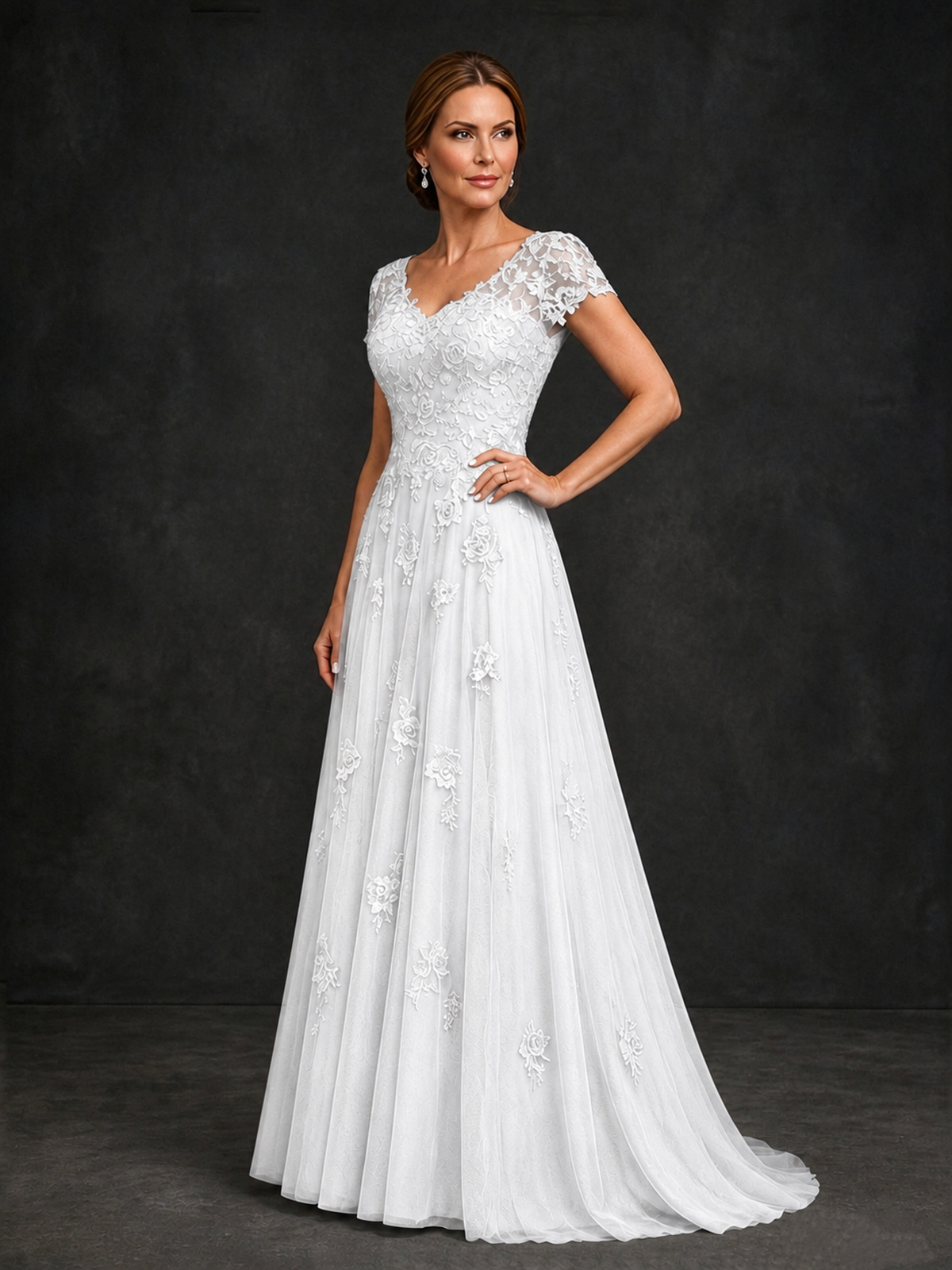 BOLODOO White Cap Sleeve Lace Appliqué A-Line Formal Gown | Mother of the Bride Dress - White - White_3