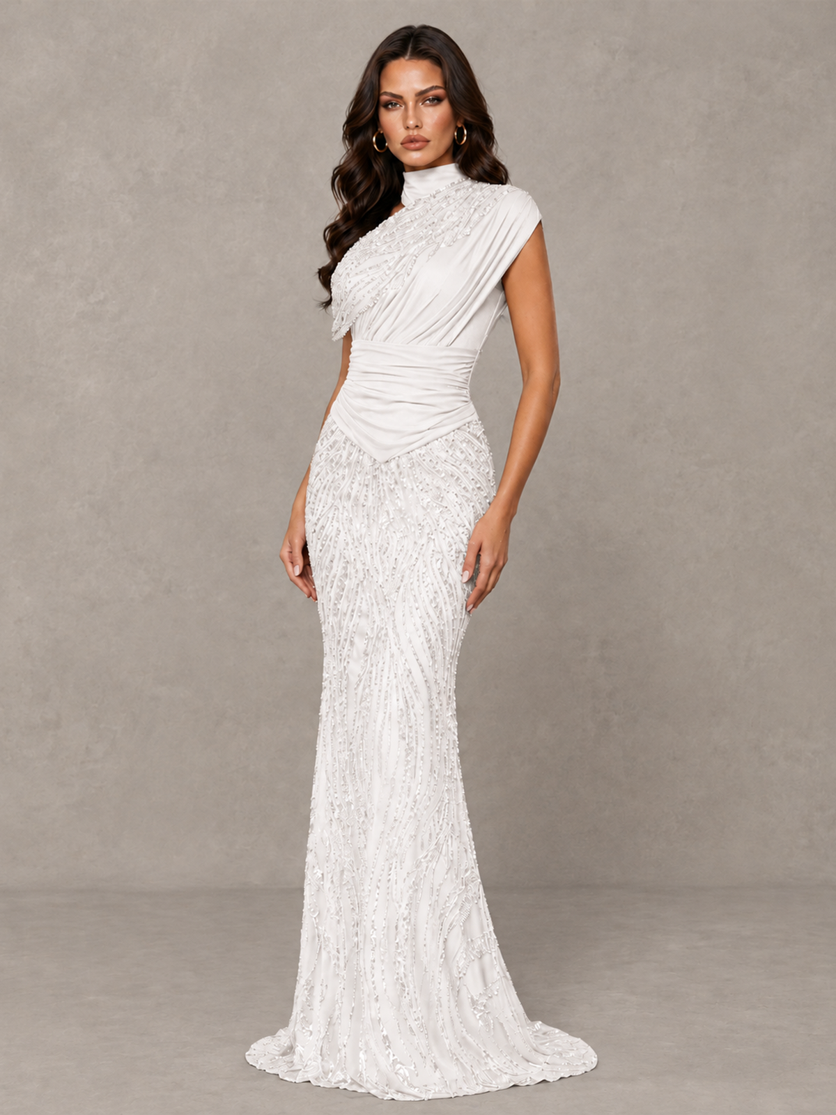 BOLODOO White High Neck Draped Sequin Mermaid Evening Gown - White - White_3