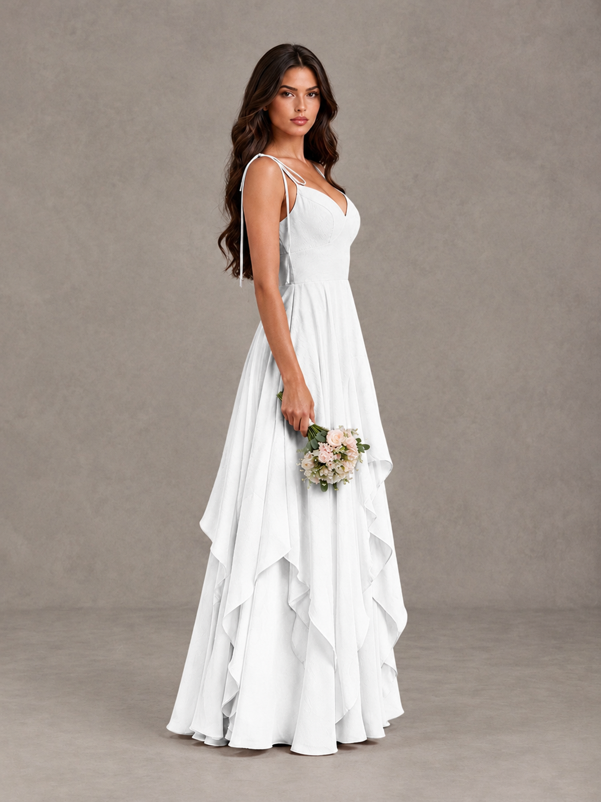 BOLODOO White Tie-Strap Ruffle A-Line Bridesmaid Dress - White - White_3