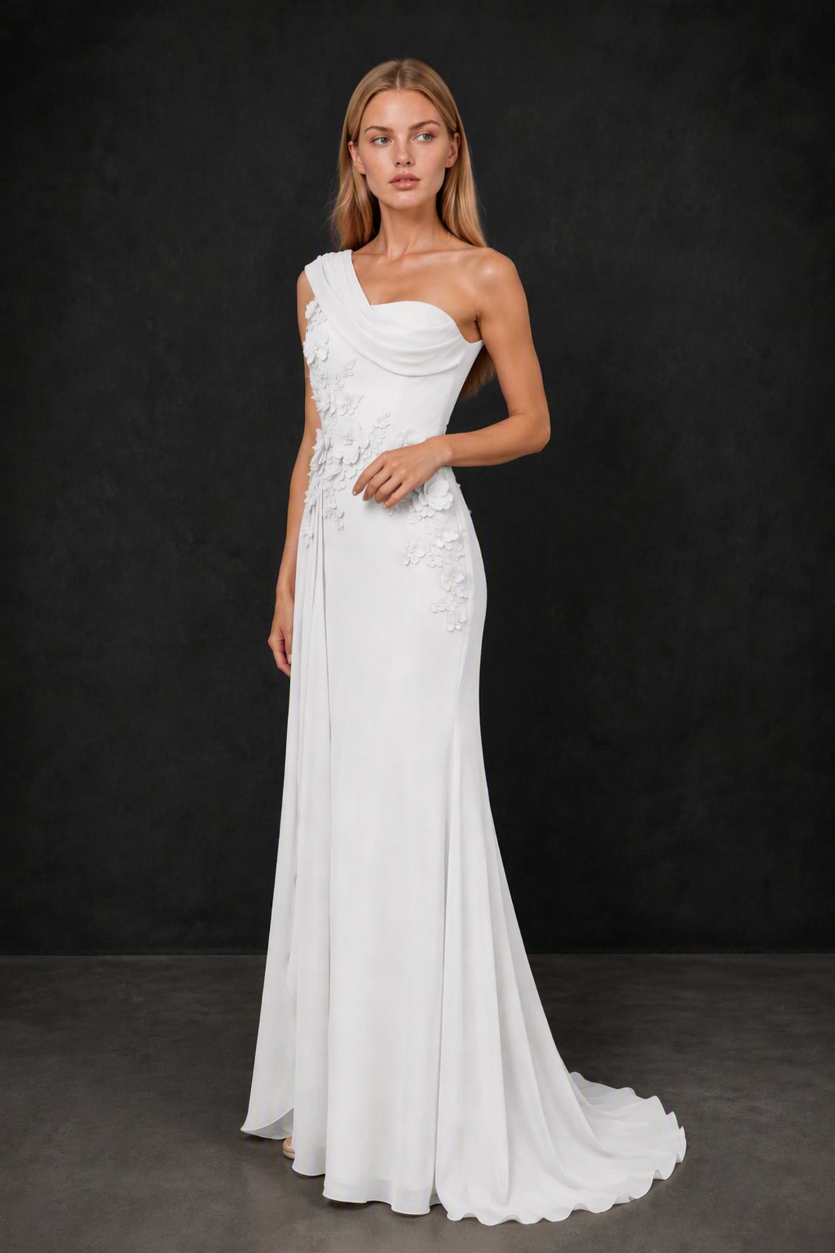 BOLODOO White One-Shoulder 3D Floral Appliqué Chiffon Gown with Open Back - White