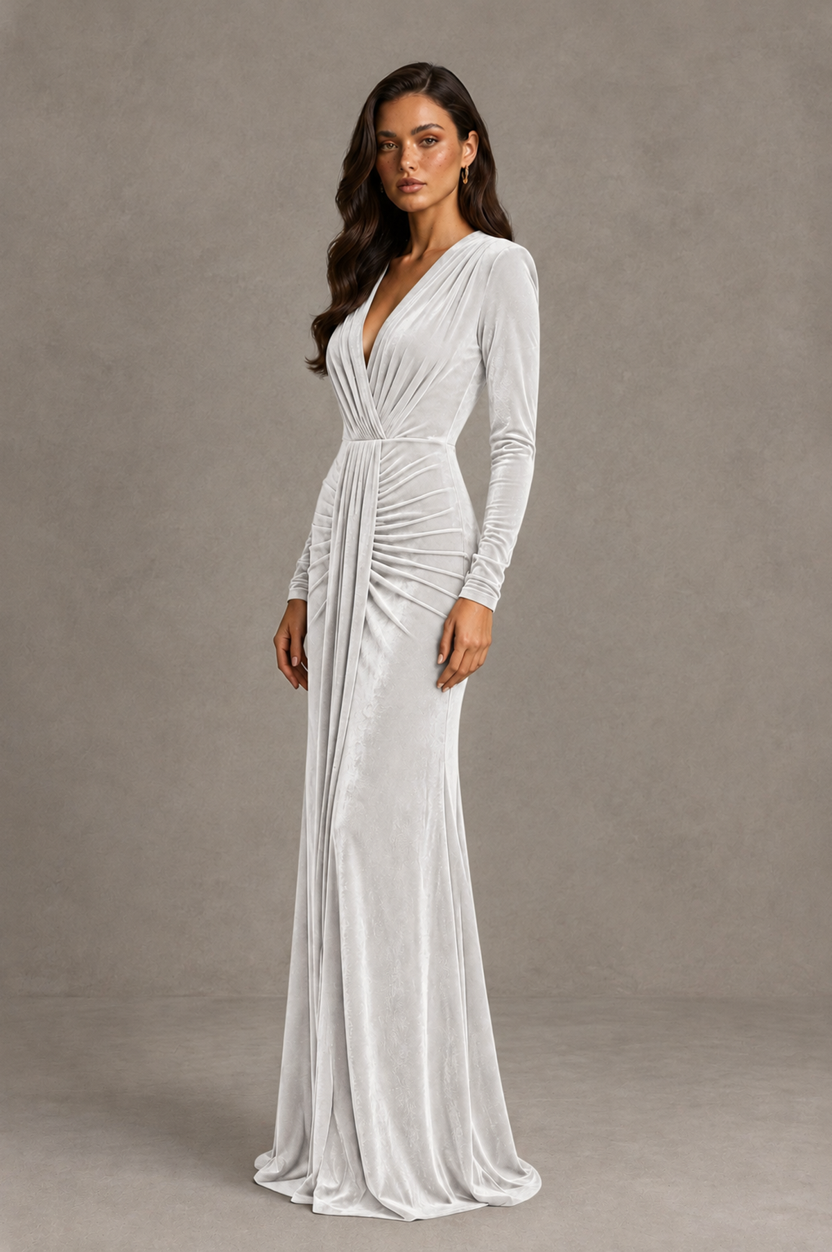 BOLODOO White Velvet Long Sleeve V-Neck Ruched Evening Gown - White