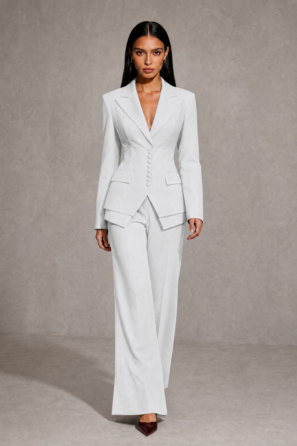 BOLODOO White Cinched Waist Blazer and Wide Leg Pants Two Piece Suit Set - White