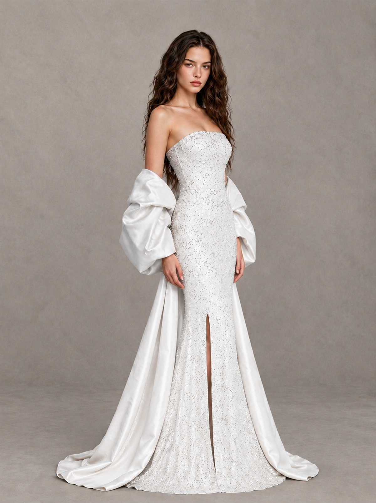 BOLODOO White Strapless Sparkle Mermaid Prom Dress with Front Slit and Draped Sleeves - White - White_3