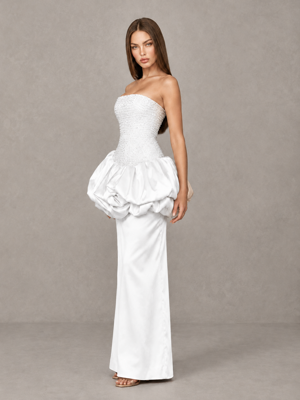 BOLODOO White Strapless Embellished Bubble Peplum Evening Dress - White - White_3