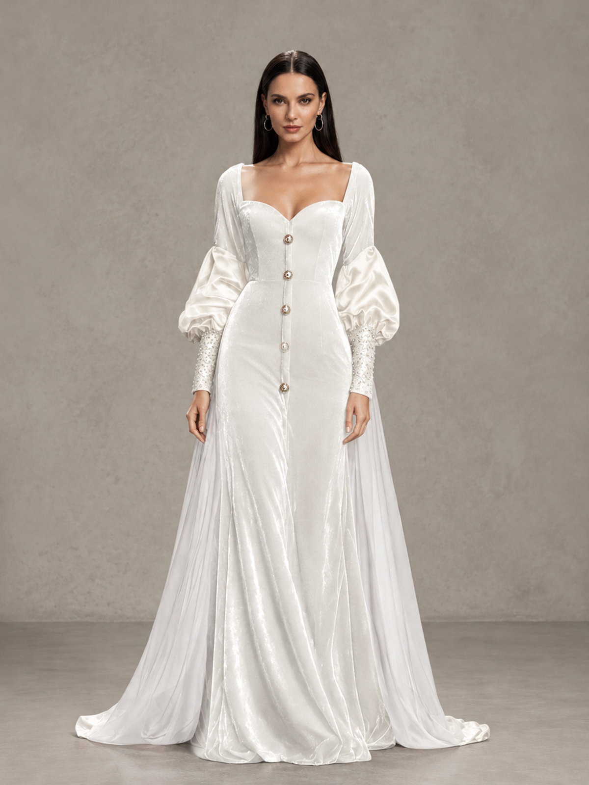 BOLODOO White Velvet Long Sleeve Open-Back Evening Gown - White - White_3