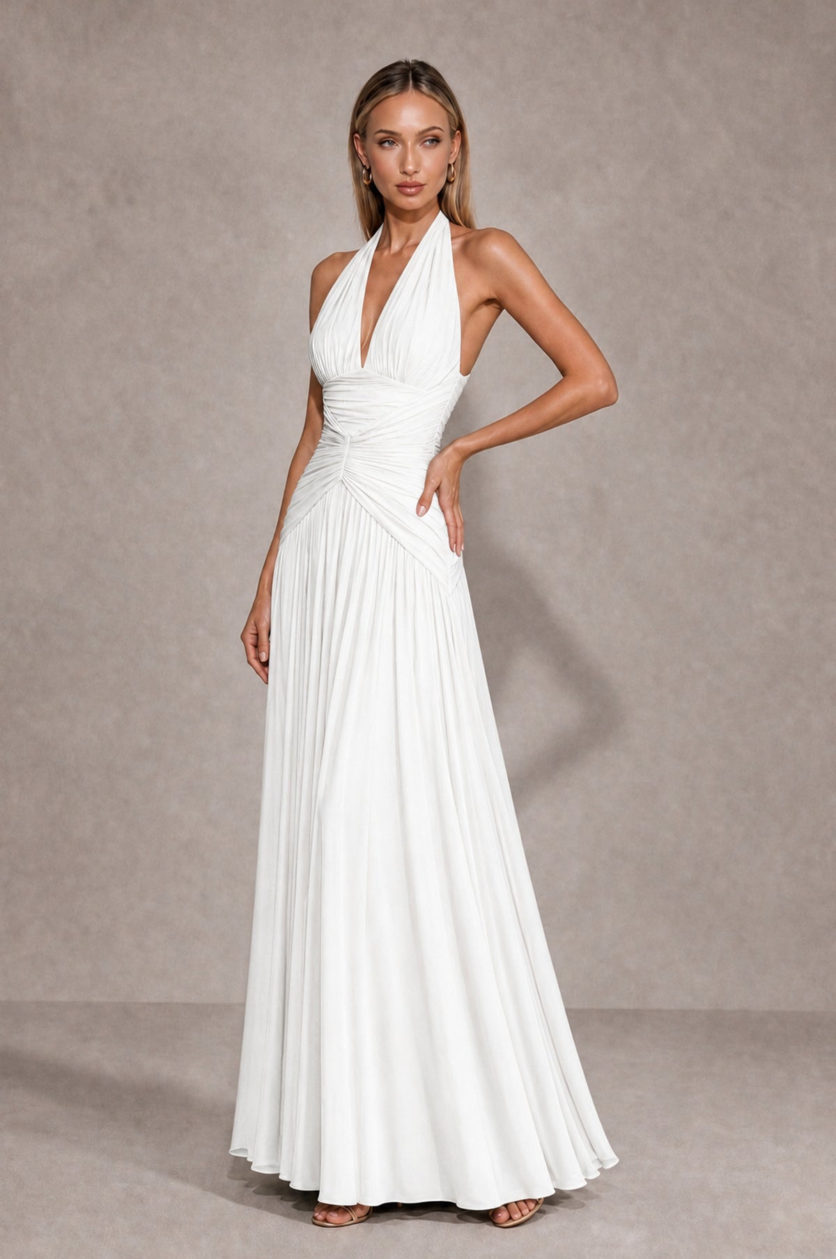 BOLODOO White Chiffon Halter Deep V-Neck Ruched A-Line Backless Maxi Dress with Train-BD0167 - White - White_3