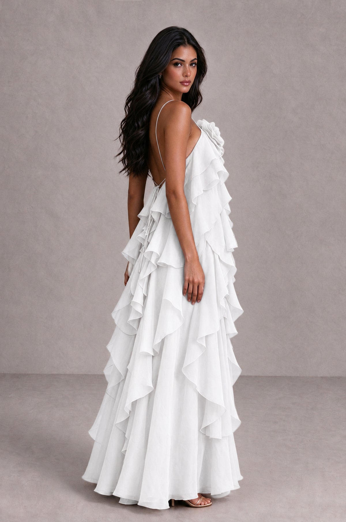 BOLODOO White Cascading Ruffle Rosette Open-Back Maxi Dress - White - White_3
