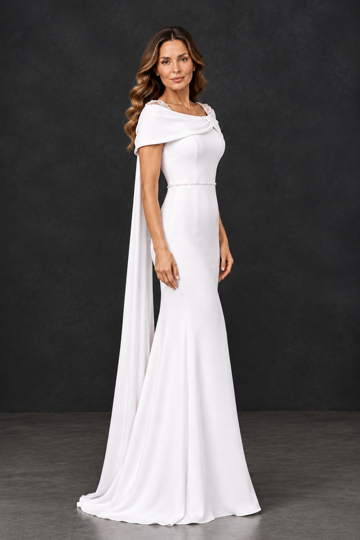 BOLODOO White Mother of the Bride Dress with Draped Cape Detail - White - White_3