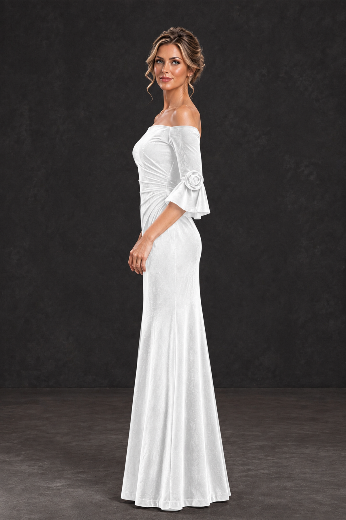 BOLODOO White Velvet Off-Shoulder Mother of the Bride Dress – 3/4 Floral Cuff Sleeve Mermaid Evening Gown - White - White_3