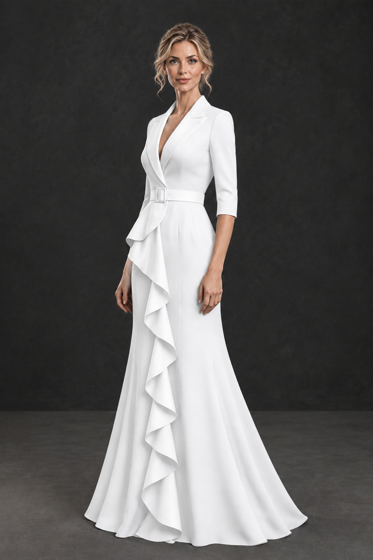 BOLODOO White Lapel Ruffle Mother of the Bride Dress with Belt - White - White_3